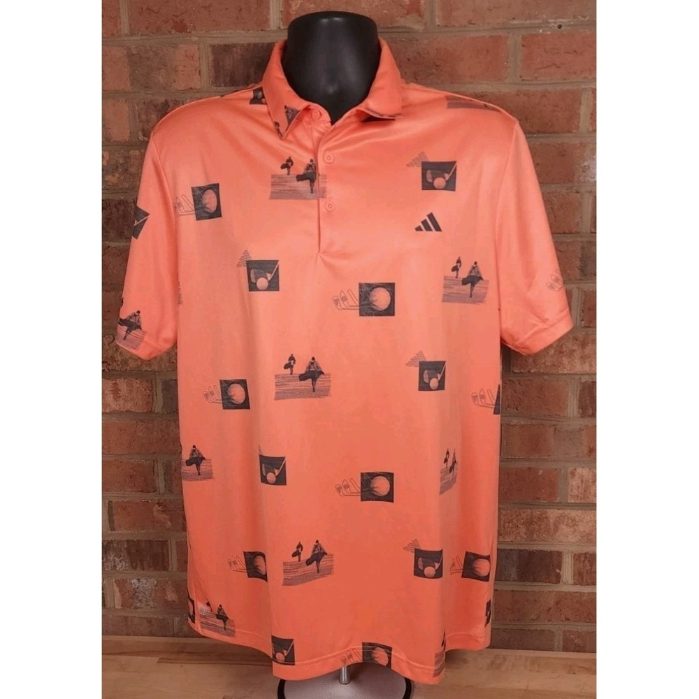 Adidas Allover Print Coral Orange Fusion Golf‎ Polo Shirt Mens Large